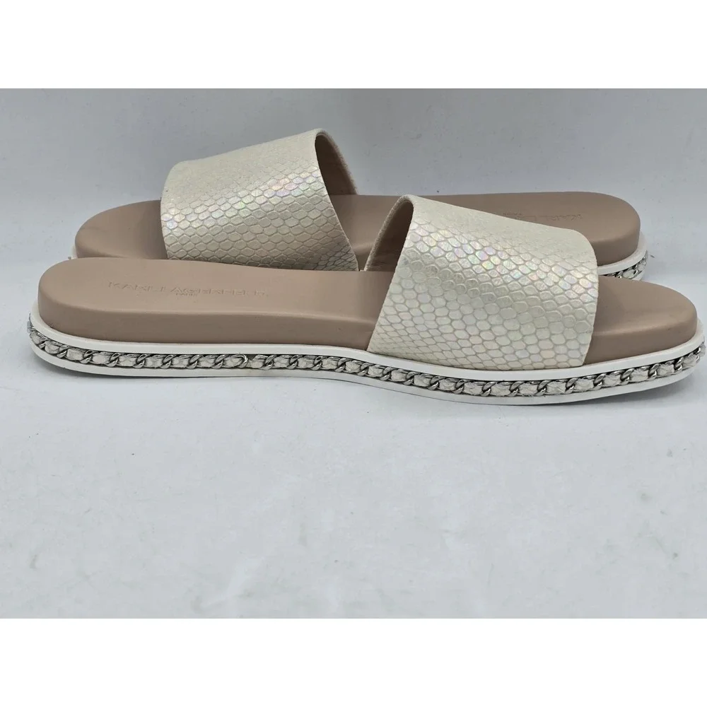 Karl Lagerfeld Paris Women's Billisnake Slide Sandal Slip on iridescent Sz 7.5 M